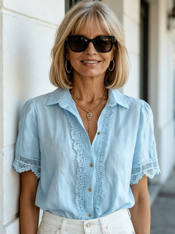 Lace Cotton and Linen Short-sleeved Casual Shirt Women