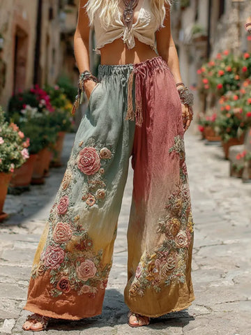 The Ice Cream Collection Women's Classic Bohemian Floral And Rose Gradient Art Linen Pants