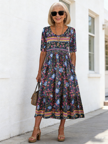 Flower Print Half Sleeve V-Neck Tunic Dress