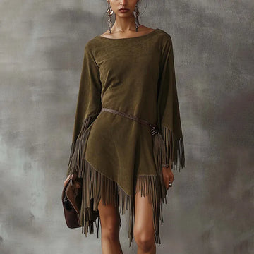 Women's Autumn And Winter Western Retro Suede Fabric Loose Casual Round Neck Tassel Decoration Dress