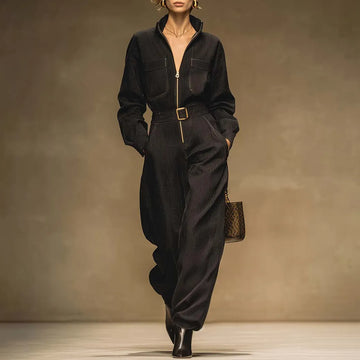 Exquisite Urban Temperament Front Zipper Small Stand Collar Black Ribbed Jumpsuit