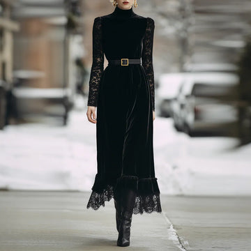 Retro Fashion Black Velvet Lace Midi Dress