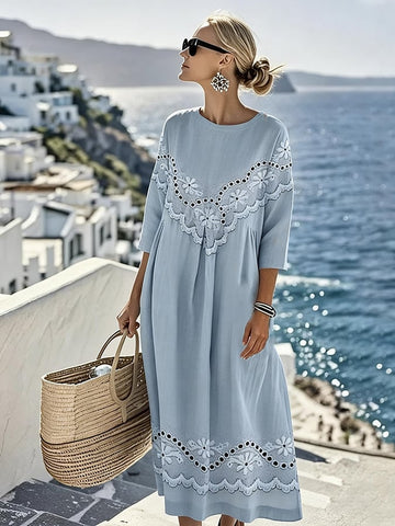 Women'S Casual Color-Block Cotton And Linen Dress