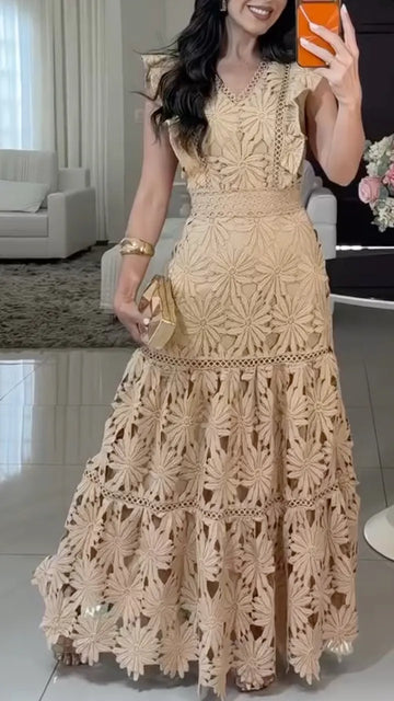 Floral Eyelet Crochet Tiered Maxi Dress