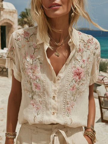 Women's Vintage Embroidery Floral Art Short Sleeve Shirt