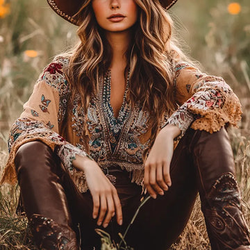 Women's Tassels Pendant Embroidery Pattern West Cowboy Bohemian Elegance Ethnic Patterns Lace Crop Top