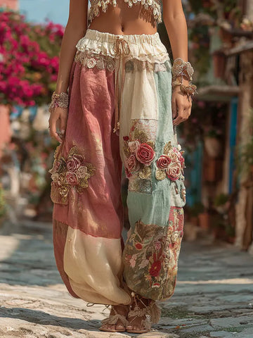Women's Bohemian Floral Embroidery Patchwork Art Linen Blend Pants