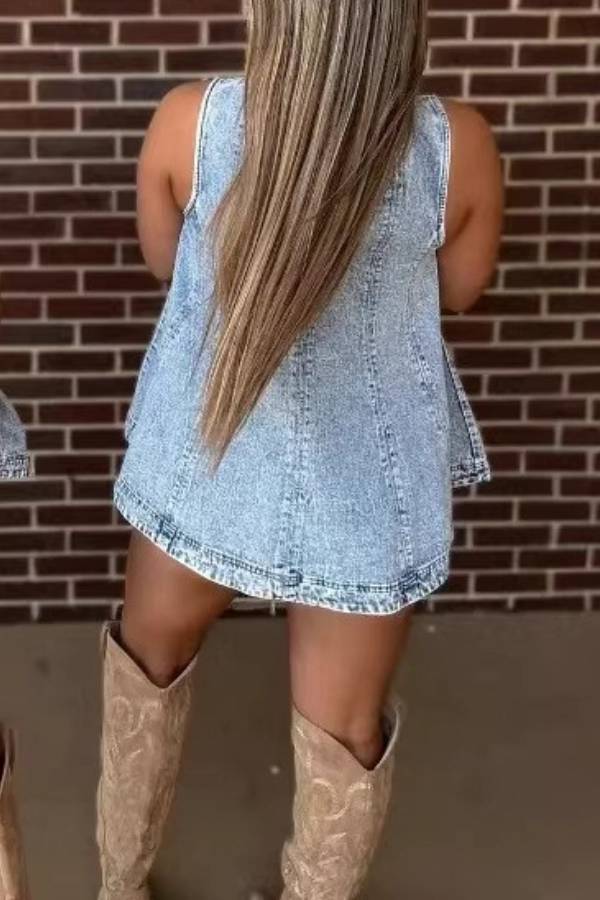 Washed Denim Two Piece Set Sleeveless A-Line Tunic Top Elastic Waist Shorts Western Casual Outfit