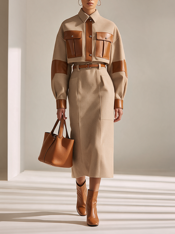 Women's Collared Leather-Panel Single-Breasted Drop-Shoulder Long-Sleeve Cropped Jacket And High-Waisted Skirt Set MDZ3137H8CMX