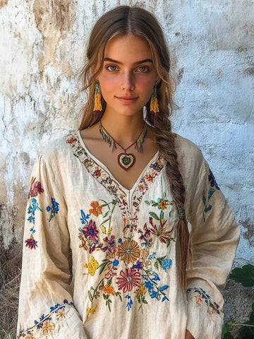 Retro Bohemian Floral Embroidered Linen Blend Comfy Shirt