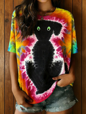 Women's Hippie Abstract Dog Tie-dye Rainbow Pattern Casual T-shirt