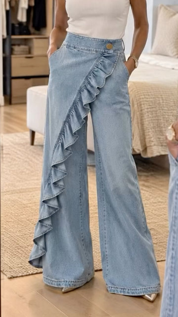 Light Wash Ruffle Wrap Wide Leg Jeans