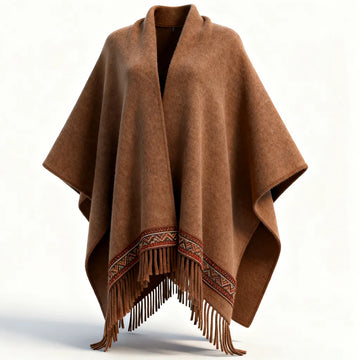 Women's Brown Wool Blend Cape With Fringe And Embroidered Trim