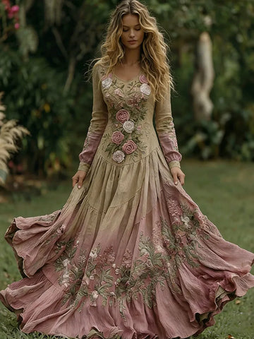 Women's Boho Floral Embroidered Floral Resort Maxi Dress