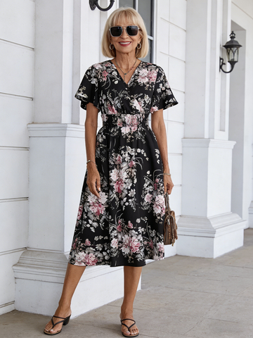 Seaside Vacation Dress Plant Flower Print Dress