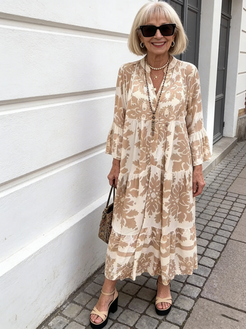 Stand-up Collar Flared Sleeves Printed Casual Dress