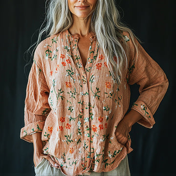 Women's Linen Floral Print Contrasting Color Panel Shirt