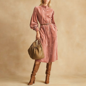 Retro Fashion Stand Collar Faux Suede Dress