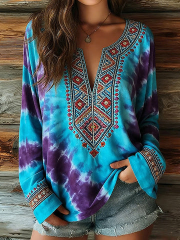 Women's Tie-dye Ethnic Art Pattern Print Casual Long-sleeve T-shirt