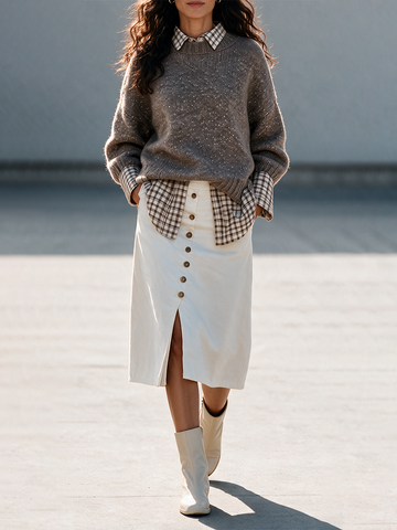 Women's Marled Cable‑Knit Faux Two‑Piece Knit Top & Button‑Front Slit Midi Skirt Set MDZ0243I5R