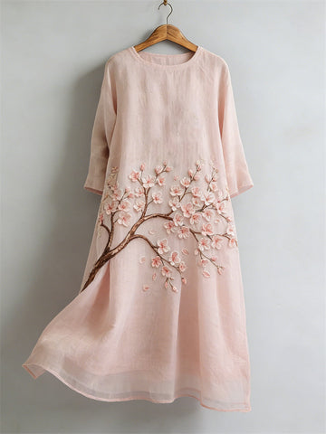Cherry Blossom Japanese Flowy Linen Maxi Dress