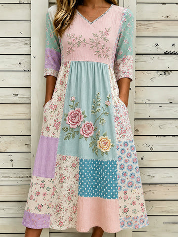 Women's Vintage Flower Embroidery Patchwork Art Cotton Linen Casual Dress