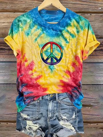 Women's Hippie Rainbow Peace Tie-dye Pattern Casual T-shirt