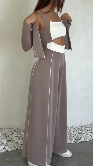 Cutout Jumpsuit&Zip Up Shrug 2 Piece  Set