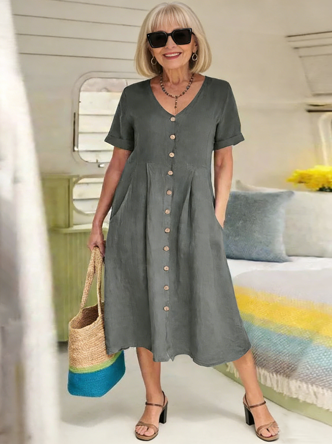 Solid Color Loose High Waist Cotton and Linen Dress