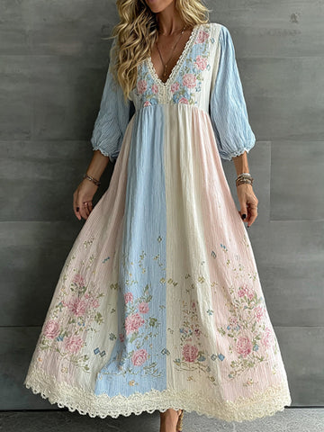 Women's Vintage Flower Embroidery Patchwork Art Cotton Linen Casual Dress