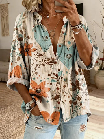 Women's Retro Heart Floral Art Print Casual Cotton Linen Shirt