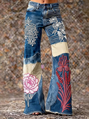 Women's Bohemian Style Patchwork Floral Patchwork Art Jeans