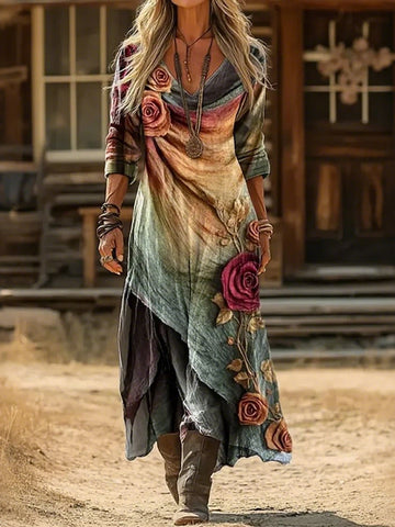 Women's Floral Pattern Art Print Cotton V-neck Long-sleeved Dress