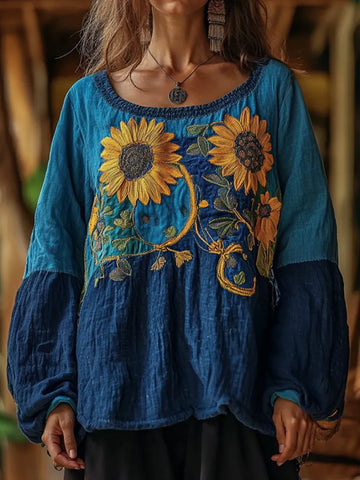 Boho Vintage Sunflower Art Inspired Cotton And Linen Round Neck Blend Loose Blouse