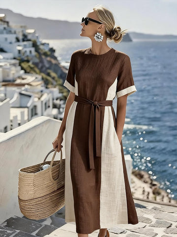 Women'S Casual Round Neck Color-Blocked Dress