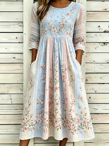 Women's Pink Floral Art Embroidery Striped Spliced Comfortable Cotton Linen Refreshing Round Neck Dress