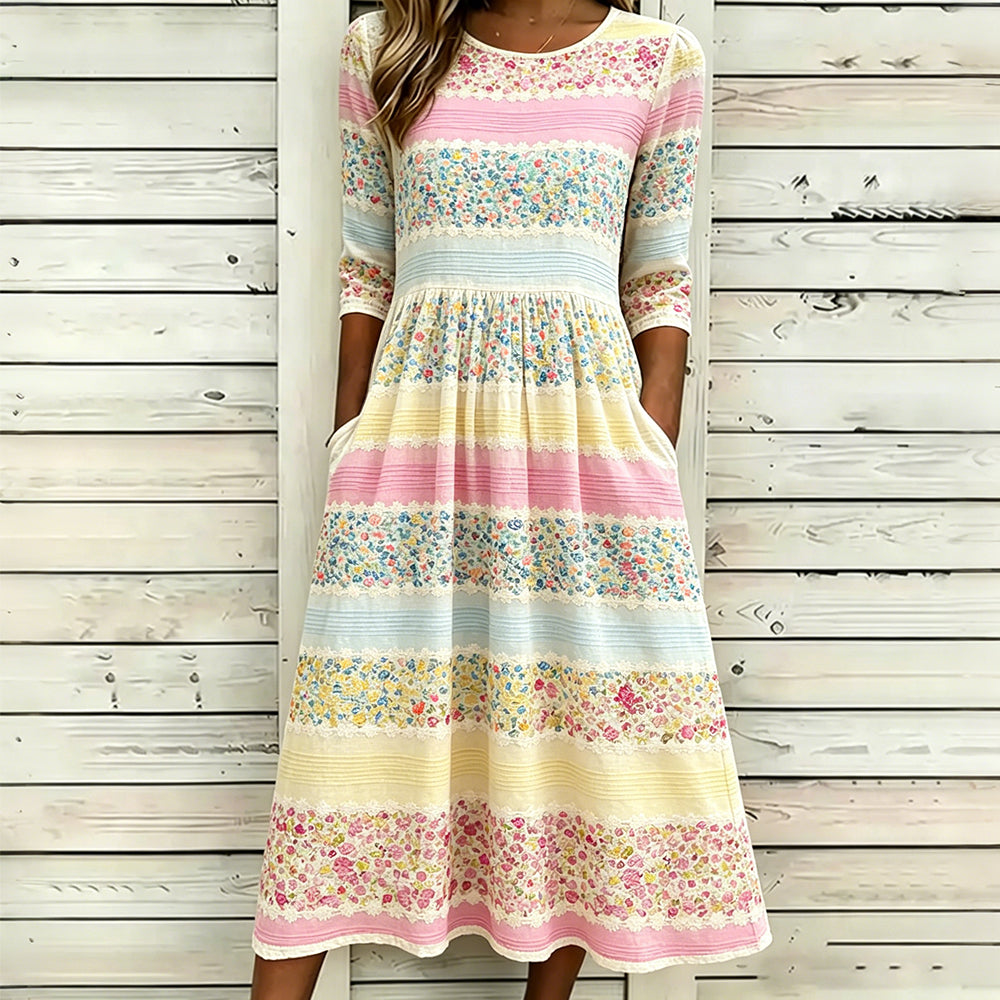 Vintage Cottagecore Floral Art Cozy Striped Linen Maxi Dress
