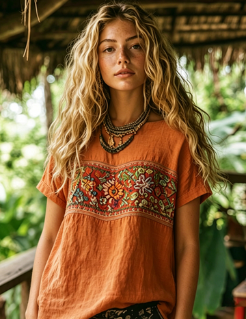 Women's Vintage Bohemian Floral Art Print Tshirt