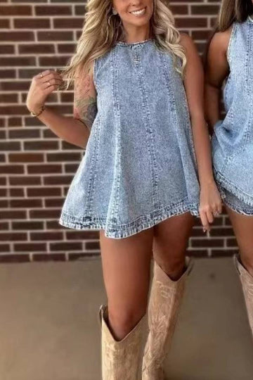 Washed Denim Two Piece Set Sleeveless A-Line Tunic Top Elastic Waist Shorts Western Casual Outfit