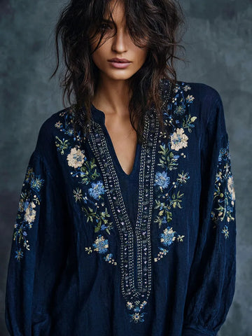 Women's Vintage Floral Embroidered Art Print Flowy Linen Blend Casual Tunic
