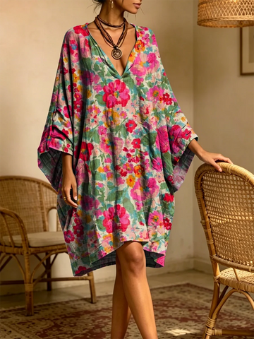 Women's Retro Floral Art Print Casual Three-quarter Sleeve V-neck Cotton Linen Short Dress