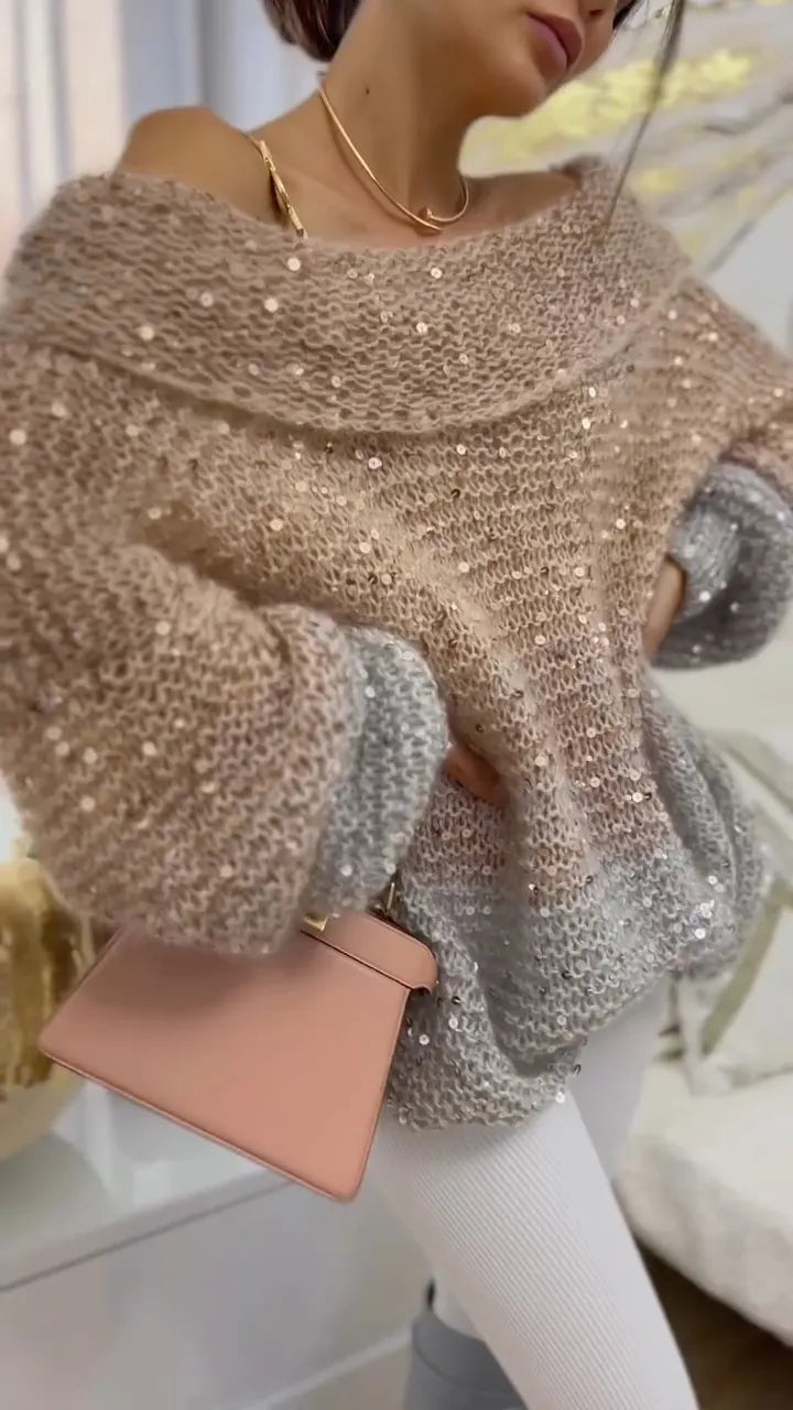 Sequin Off Shoulder Oversized Knit Sweater