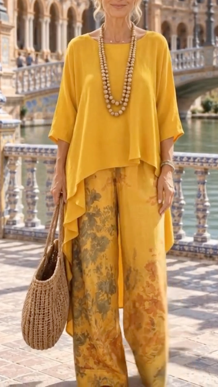 Ruffle Top And Floral Wide Leg Pants Linen Two Piece Set