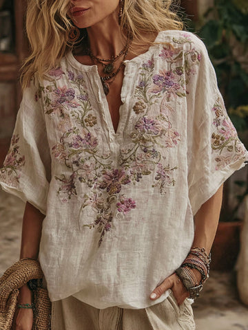 Women's Floral Embroidery Art V Neck Comfy Shirt