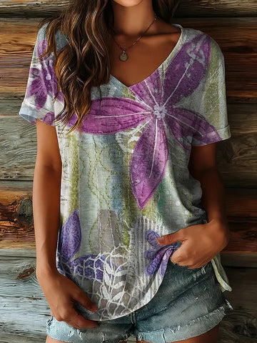 Ethnicity Flowers Patchwork Women's V-neck Print Casual T-shirt