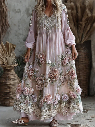 Women's Retro Floral Art Flowy Linen Blend Casual Long Sleeve Maxi Dress
