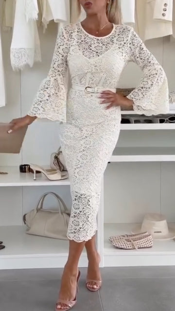 Women's Round Neck Lace Bell Sleeve Elegant Dress