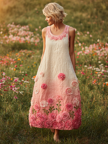 Cozy Pink Floral Embroidered Gradient Linen Tank Maxi Dress