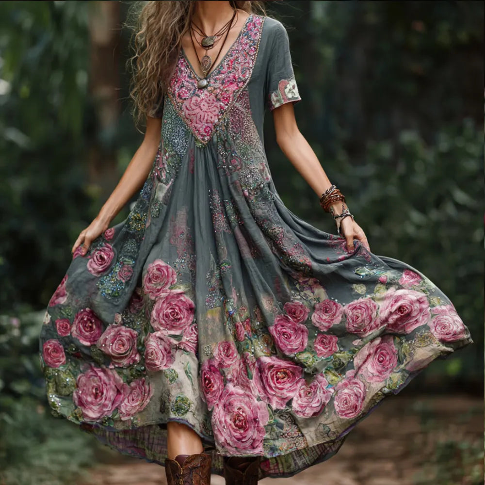 Bohemian Style Three-dimensional Embroidered Rose Diamond Embellished Color-block Dreamy Pink-green Vintage V-neck Slim Short-sleeved A-line Long Dress