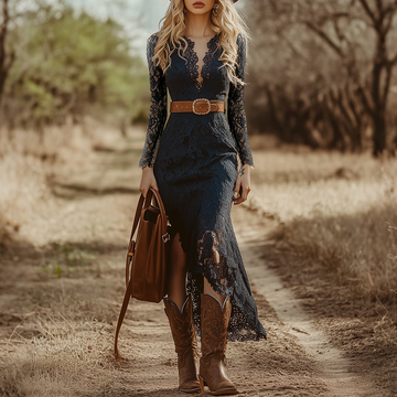 Vintage Bohemian Blue Lace Long Sleeve Midi Dress